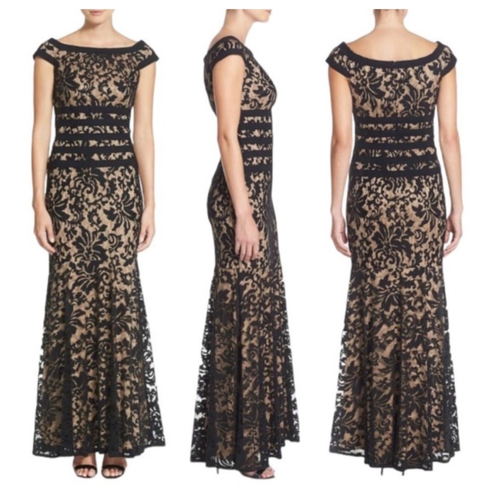 Tadashi Shoji Textured Lace Mermaid Gown black nude illusion size 8